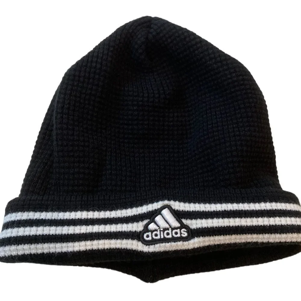 Adidas black and white beanie, double layer, waffle weave